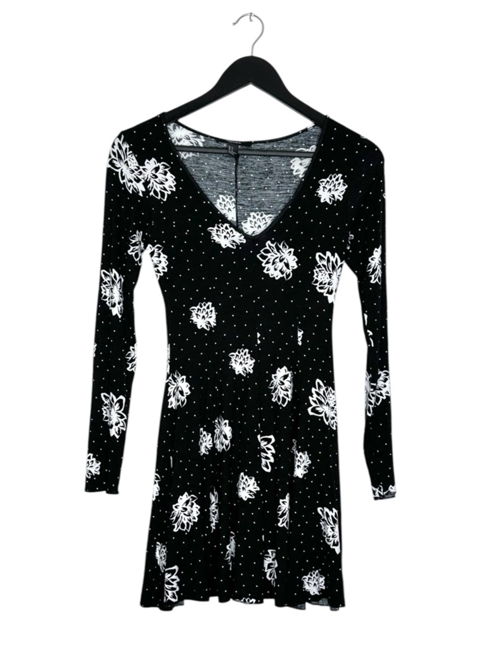 Forever 21 Black Floral Polka Dot Skater Dress Long Sleeve V Neck Small Coquette